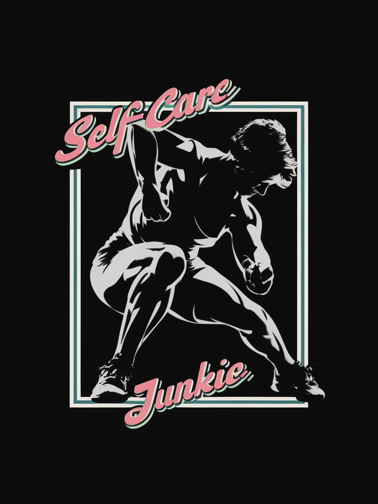 Graphic T-Shirt Design.  Black and white.  A person working out.  The image is framed with a simple border.  
Above the image, in retro style font and colours is the text "Self-Care".  Below the image, in retro style font and colours is the text "Junkie".
Plain White Background.