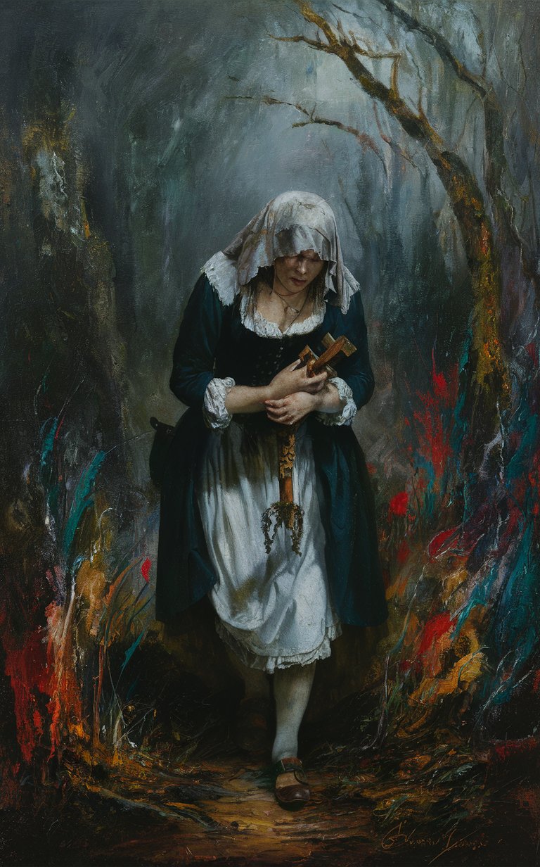 "Capture the sorrowful presence of The Pilgrimess, a ghostly pilgrim clad in colonial garb, her face obscured by a tattered veil. Depict her wandering through a mist-shrouded forest, clutching a makeshift crucifix in trembling hands." perfect form, perfect composure, perfect form,Studio Photography, Painted with Vibrant Oils, (Illustration)