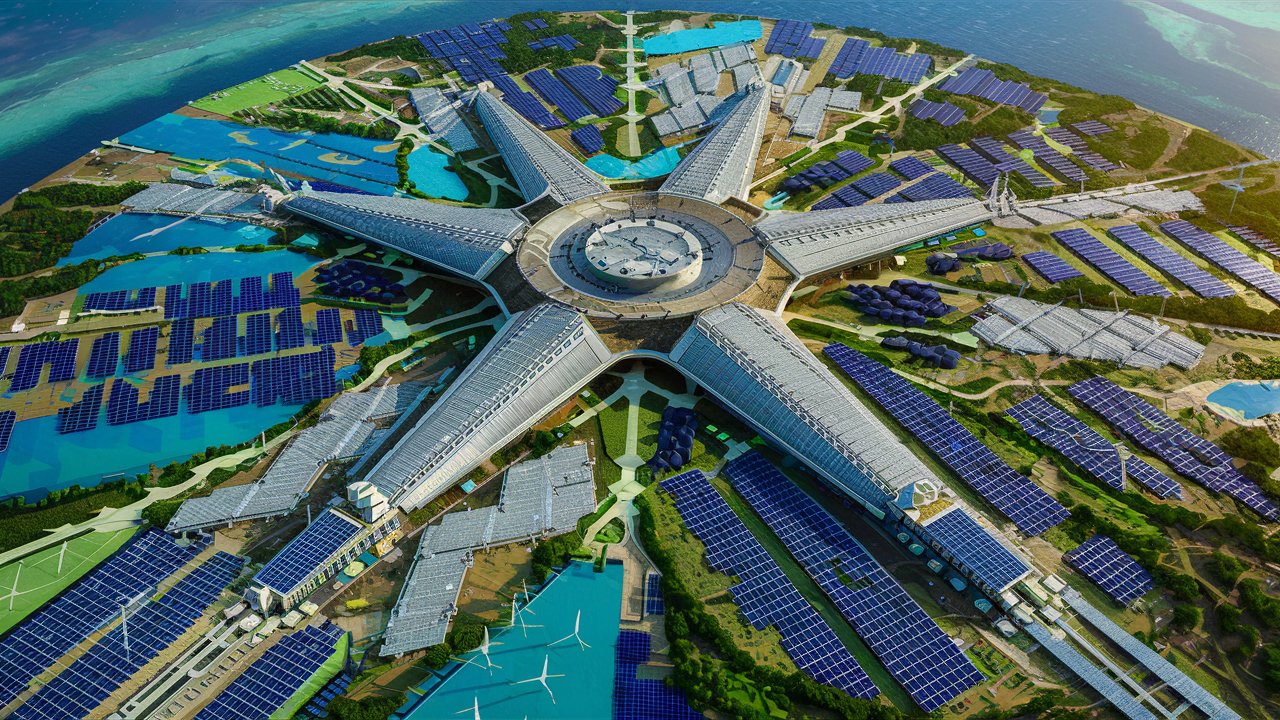 a very real image of a mega energy hub, enough to power the world aerial view