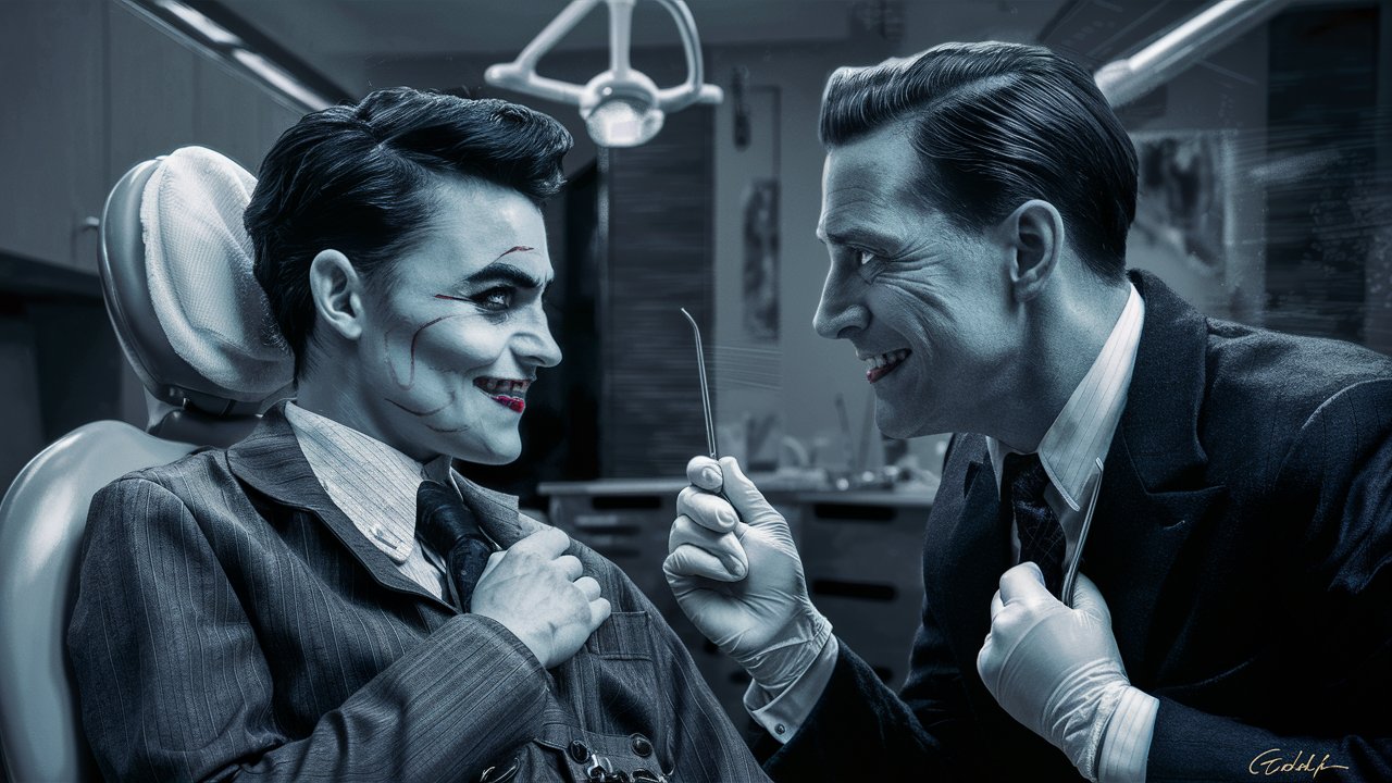 A realistic photo of a man as a client, sitting in a dentist's chair and exchanging mysterious glances with a dentist, in a distinct criminal climate, reminiscent of scenes from noir films. The two have slightly perverse smiles on their faces, as if sharing a secret with each other, adding an atmosphere of mystery and intrigue to the scene. The dentist holds dental tools in his hand and the client gently touches his jacket pocket, suggesting he has something hidden there. In the background you can see a modern dental office, which, however, thanks to subtle details takes on the character of a place from a criminal riddle.
