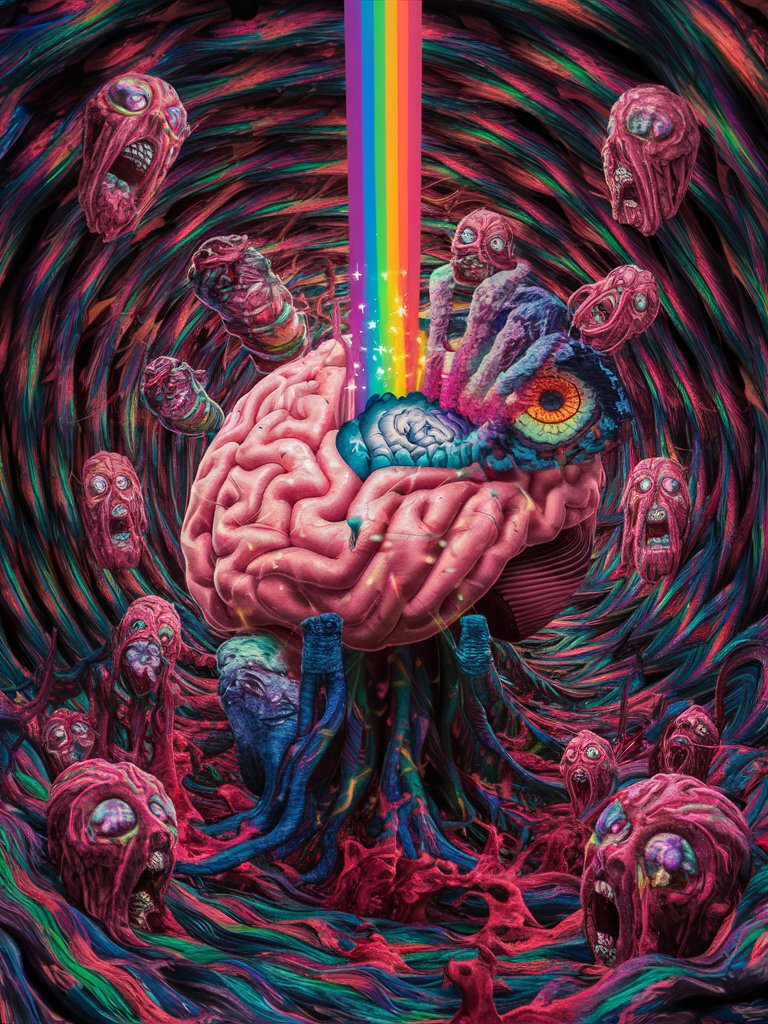 /imagine prompt: /imagine prompt: a{psychedelic brain} {a painting of a brain with a rainbow stream coming out of it,dmt entity,lsd art} that {mind-bending digital art,dmt background} while wearing {dmt visuals,lsd dream emulator,cgsociety,surreal psychedelic design} in {saturated colors,shamanic horror lsd art}, in {cgsociety 9,dmt trip,lsd trip} style.::3 rgb::3 