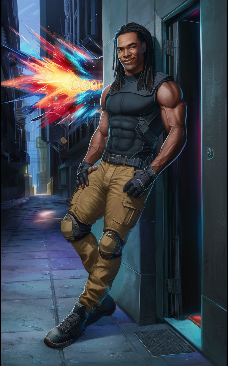 bulky hypermuscular tall athletic 30s black male, cool calm confident slight smile, flowing long black dreadlocks, black skintight sleeveless shirt tanktop, black tactical vest numerous pockets, thick cyberpunk belt metal buckle, tan khaki techwear tactical pants, leaning on wall next to mysterious open back door, dark gritty futuristic downtown alley, videogame anime character painting splash
