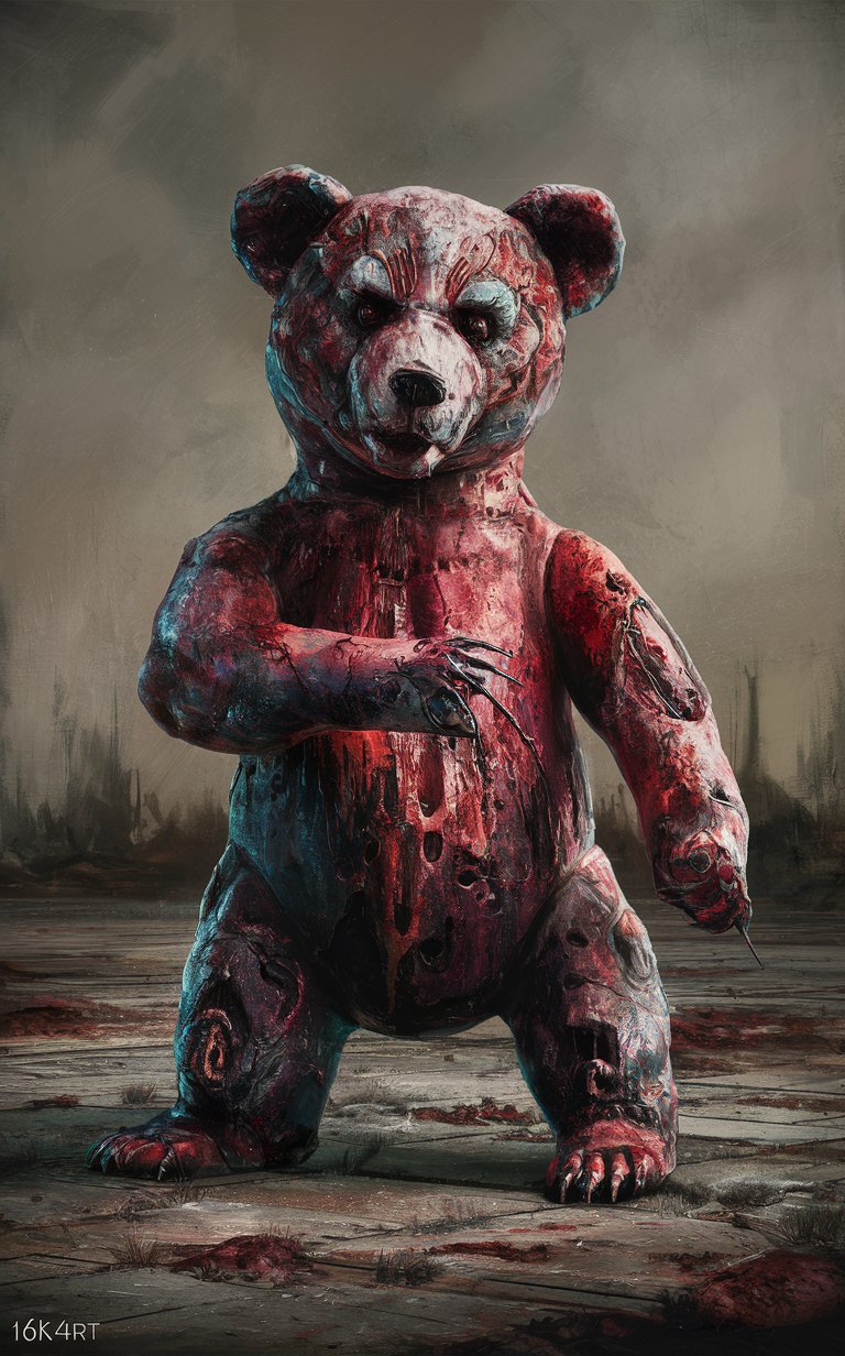 16k4d art rfktrstyle complex 'Mad Max Teddy' bear,  (natural Pose), perfect form, perfect composure, perfect form,Studio Photography, Scary Creepy (Grisly) Ominous, Painted with Vibrant Oils, (Illustration)