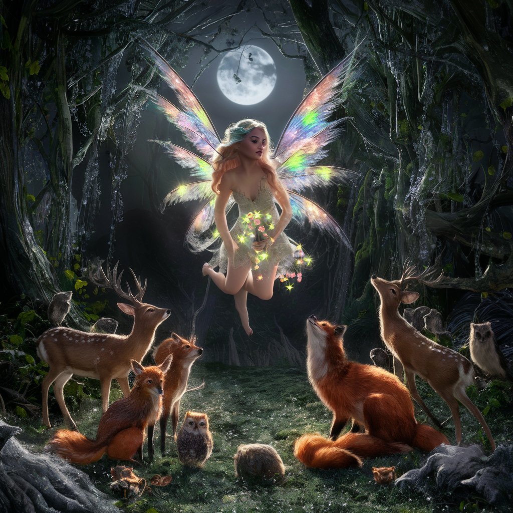 A magical beautiful photo of a fairy surrounded by forest animals under the moonlight, where magic is as tangible as morning dew and the forest comes alive thanks to its power.