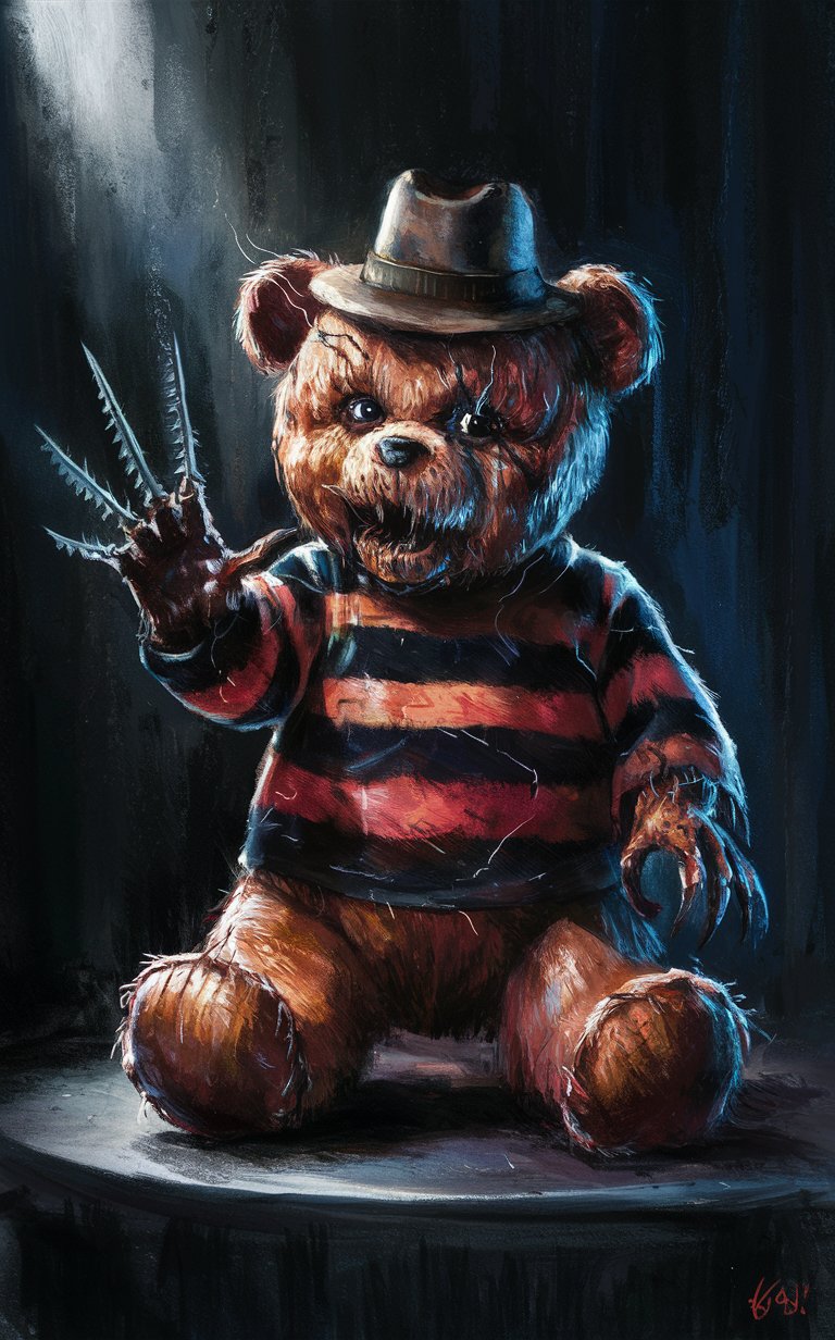 16k4d art rfktrstyle complex 'Freddy Krueger Teddy' bear,  (natural Pose), perfect form, perfect composure, perfect form,Studio Photography, Scary Creepy (Grisly) Ominous, Painted with Vibrant Oils, (Illustration)