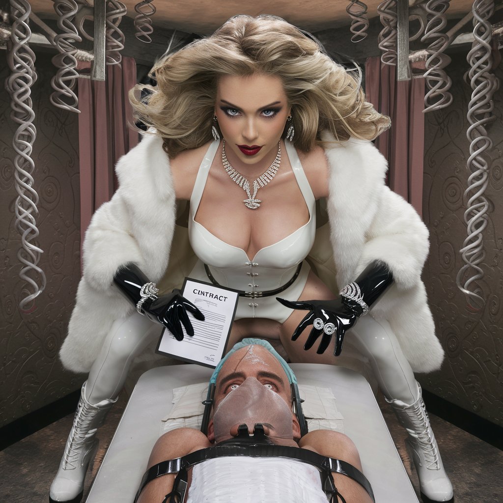 
hospital, spirals adorn the room, realistic, photos, beautiful busty female gold digger bride in  white latex, boots, white fox coat, black latex, gloves, detailed hypnotic eyes, diamond necklace, big spiral shiny rings, and pendant, long flowing blonde hair,  contract in hand, leans over handsome male patient, feeding tube in mouth, strapped to medical table, sultry, seductive.  Realistic