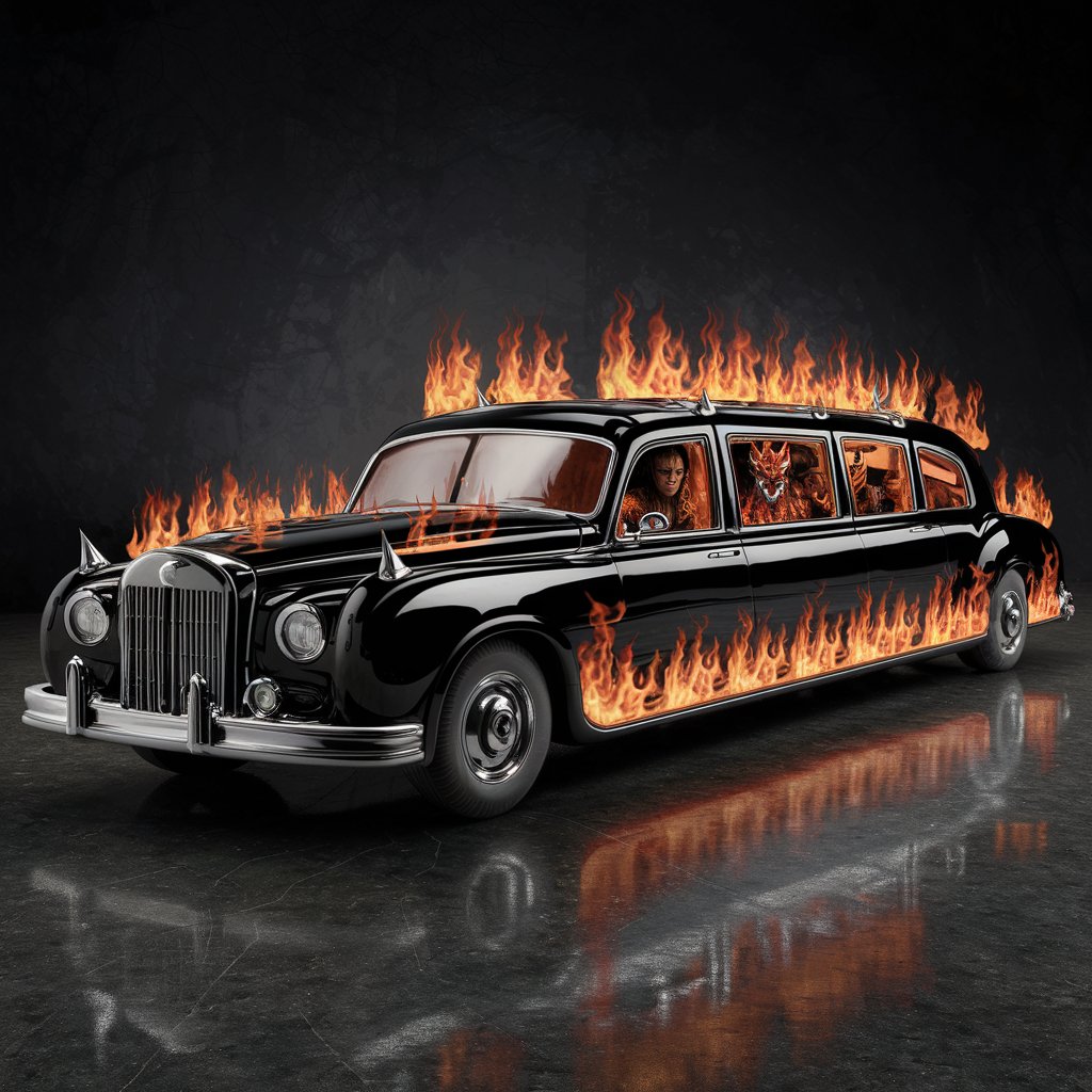 Midnight's combat vehicle, the "Soulburner Limousine," is a monstrous creation that combines the elegance of a luxury limousine with the ferocity of a hellish inferno. It stands as a testament to his journey from humble chauffeur to damned warrior, embodying both the opulence of his former life and the darkness of his infernal pact.

The Soulburner Limousine is a sleek and elongated vehicle, its polished black exterior gleaming in the dim light of the Devil's Derby arena. Despite its luxurious appearance, it exudes an aura of menace, its sleek lines hinting at the power that lies beneath the surface.

Adorned with intricate detailing and sinister accents, the Soulburner Limousine is a sight to behold. Flame motifs dance along its chassis, their fiery tendrils licking at the air with an otherworldly glow. Tinted windows conceal the vehicle's interior, shrouding its occupants in darkness as they prepare to unleash destruction upon their foes.

Mounted atop the Soulburner Limousine are an array of demonic weaponry, each designed to strike fear into the hearts of Midnight's enemies. Hellfire cannons line the vehicle's roof, their blazing projectiles leaving trails of smoke and ash in their wake. Razor-sharp spikes protrude from its sides, ready to impale any who dare to come too close.