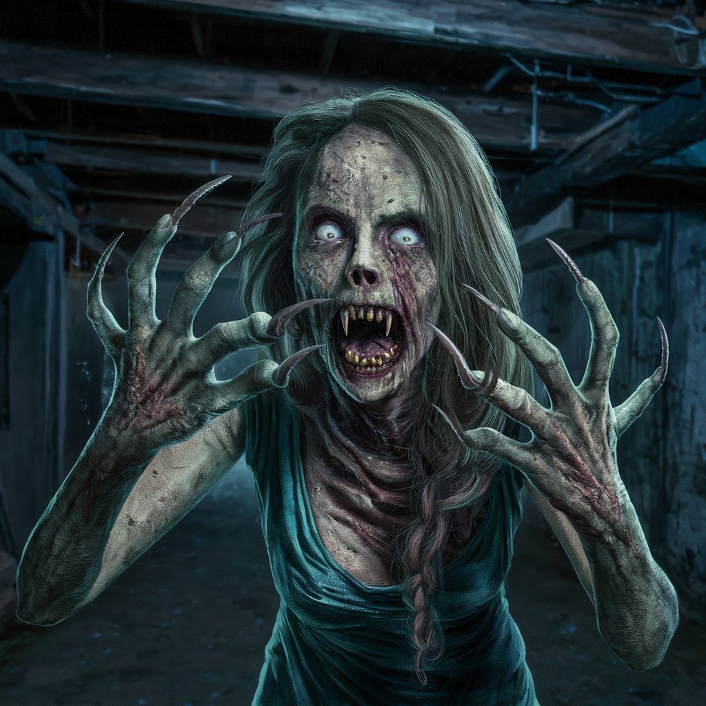 photorealistic  hungry terrible rotten zombie woman with long curved pointed nails on each of the five fingers like menacing claws, her mouth is threateningly open exposing pointed teeth resembling fangs, at night in a dark, scene inside basement she attacking