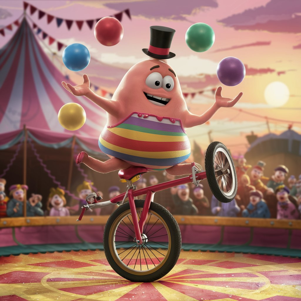 Generate an illustration of blob X character playing with four balls on a one wheel circus  bike
