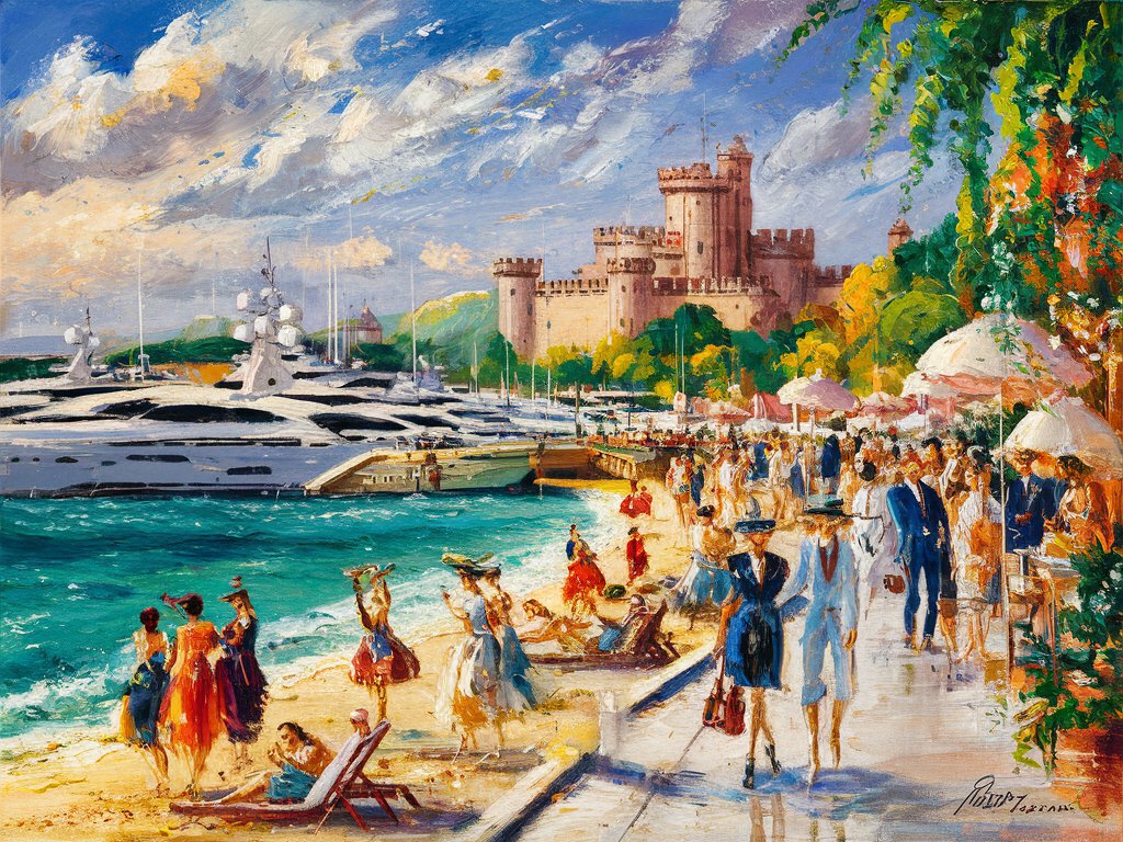Scenic French Riviera Coastal Painting with Vibrant Colors