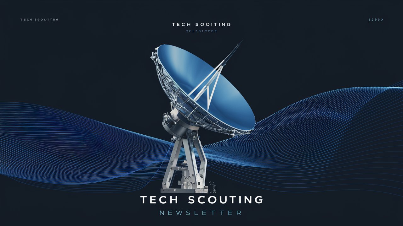 Footer for a tech scouting newsletter containing an isolated radio telescope collector dish on a stylized dark blue and modern background with a design that radiates a promise of new and exciting things 