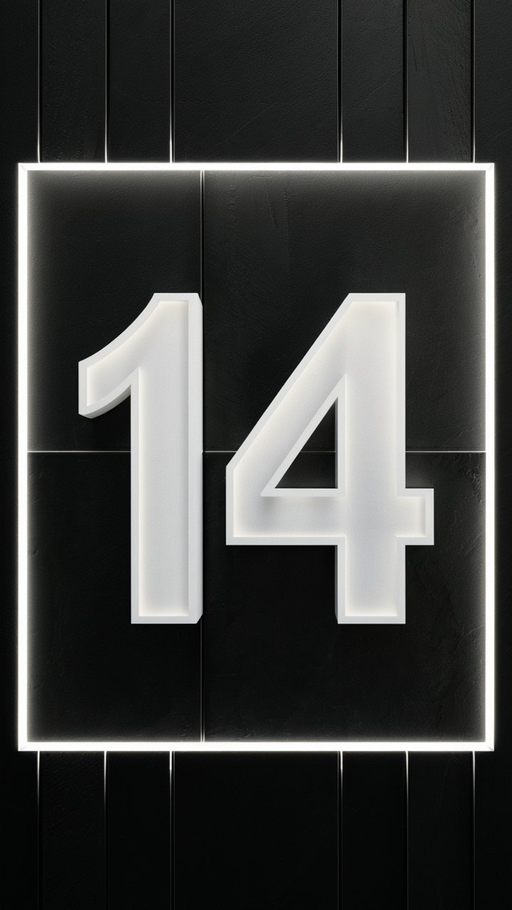 A number depiction of the number “14” in a black setting with the numbers clearly visible in white. 




 

