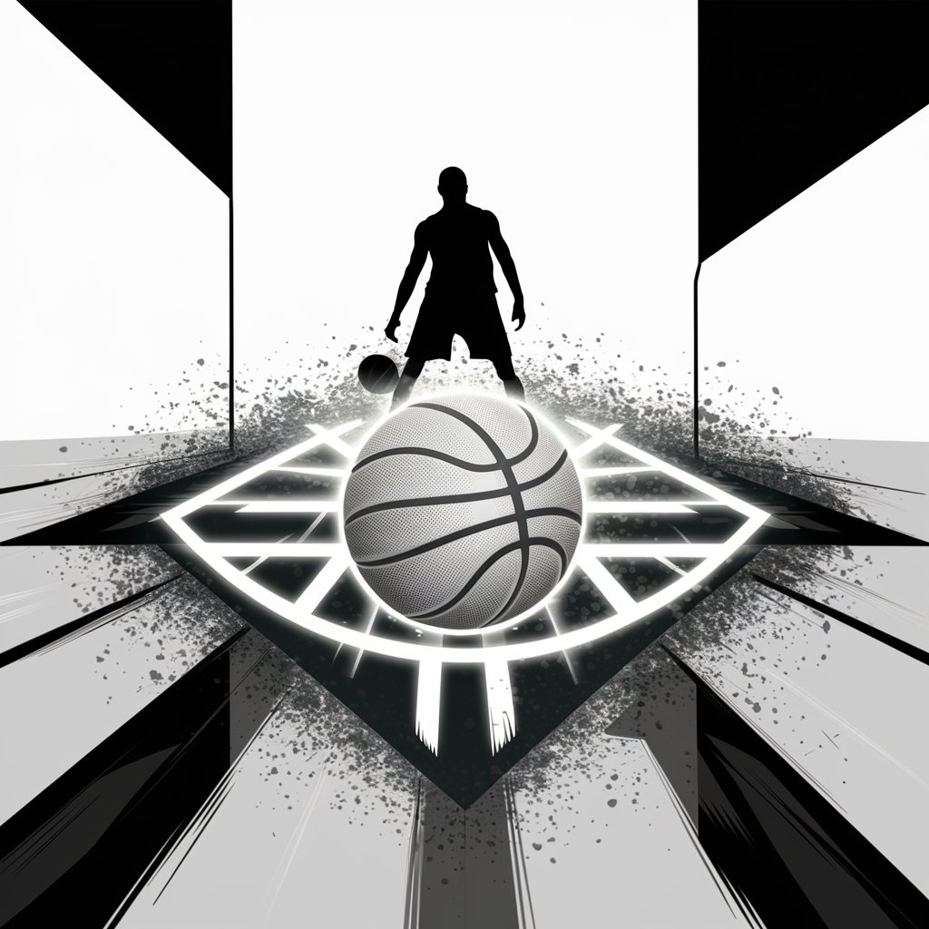 vector graphic design, white and grey tones, modern style, a basketball with lights , basketball player siluete shooting ,street basketball court siluete, white background



