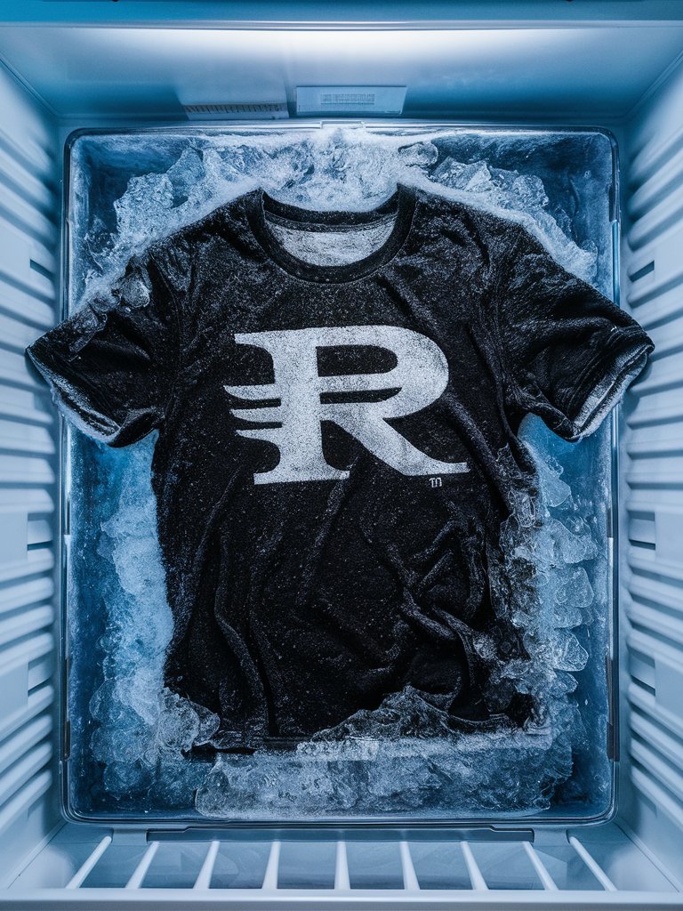 一件带有R字母标志的纯黑色短袖T恤被冰冻在冰箱里面