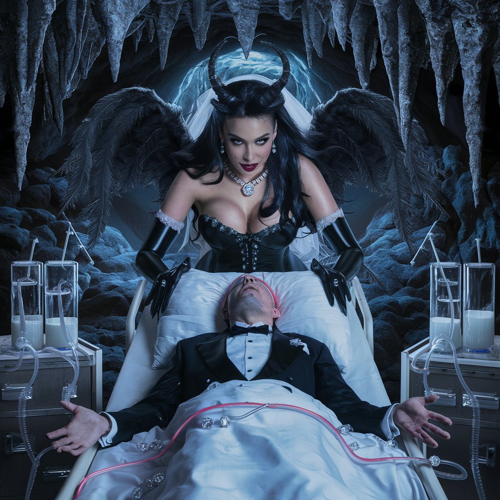 Realistic photo, Cavern-like Lair, vials and tubes, milky liquid, stalactites, vials of milky liquid, Beautiful face. Sultry, busty, succubus bride, large feathery wings, black latex wedding dress,, gloves, veil, detailed eyes, spiral necklace, big diamond rings, long flowing dark hair, leans over male groom in tux, lying on hospital bed, full body, feeding tube running from thighs to mouth, full-body over handsome male, groom,, hypnotized, sultry, seductive. Realistic 