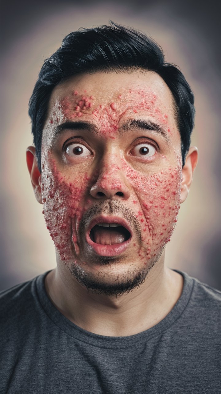 A man covered in acne bumps on his face in a very shocked and surprised way 


