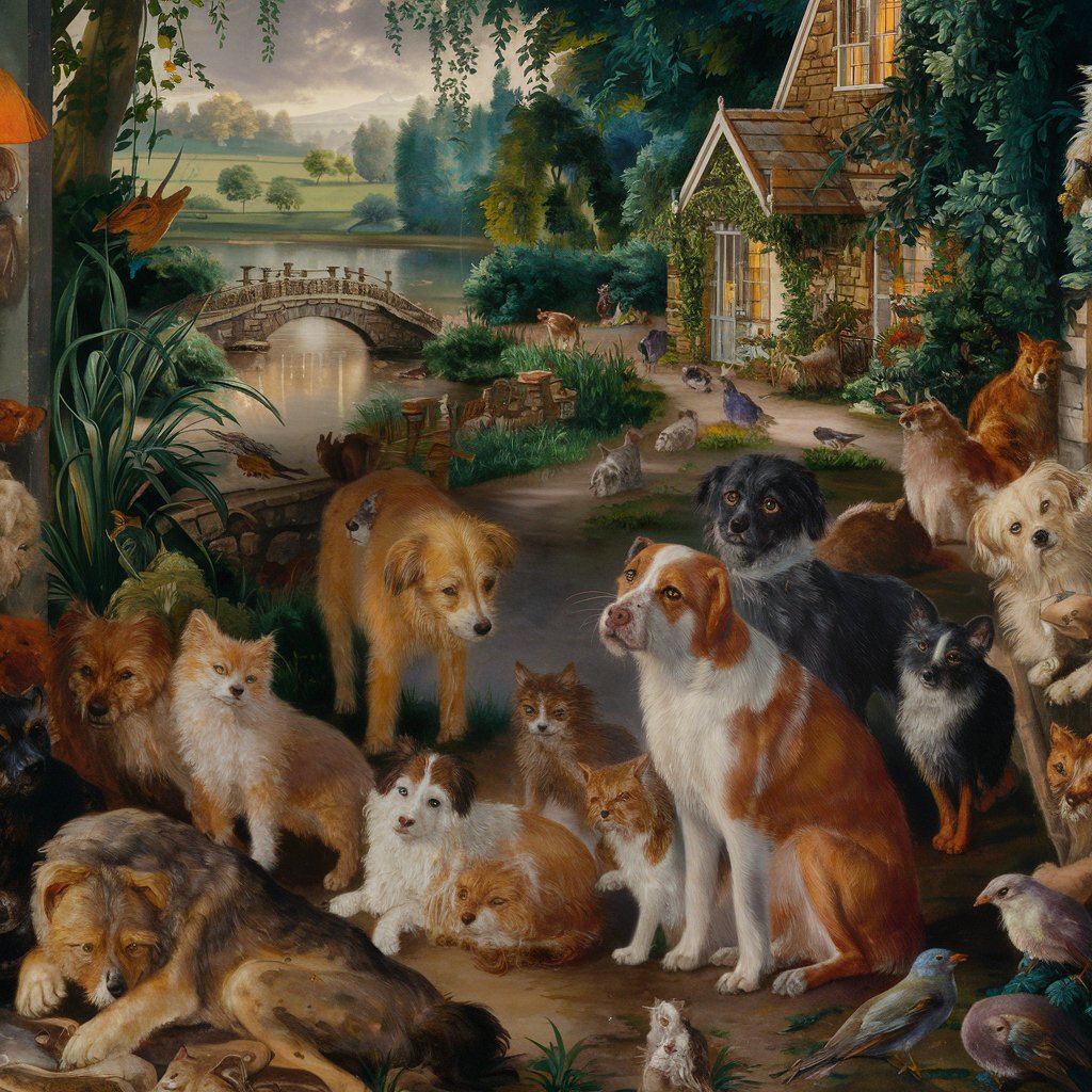 
A magical Victorian-era scene dominated by stray animals. Picturesque landscapes from the period highlight the beauty of nature and contrast with the plight of homeless animals. The stray animals are depicted in a gentle manner, exuding care and hope. The entire image serves as a reminder of the need for care for homeless animals.