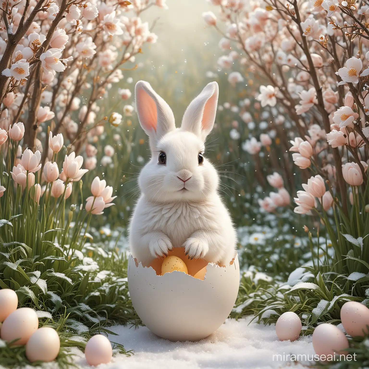 Description:
In this heartwarming illustration created with AI, we witness a scene of pure delight as a charming bunny emerges from a tiny, pastel-colored egg. The soft, gentle hues of the eggshell provide a perfect contrast to the fluffy, snow-white fur of the bunny, creating a visually captivating composition.

The bunny's large, expressive eyes are filled with curiosity and innocence, captivating the viewer's attention and evoking a sense of warmth and tenderness. Its small, twitching nose adds a touch of playfulness to the scene, as if the bunny is eagerly exploring its new surroundings.

As the bunny emerges from the egg, delicate petals and leaves surround the scene, hinting at the arrival of springtime and new beginnings. The overall atmosphere is one of joy and wonder, inviting viewers to share in the excitement of this adorable creature's first moments in the world.

Through meticulous attention to detail and expert use of AI-generated imagery, this enchanting illustration captures the essence of youth, innocence, and the beauty of new life, making it a perfect addition to any collection celebrating the magic of nature and the wonder of childhood.