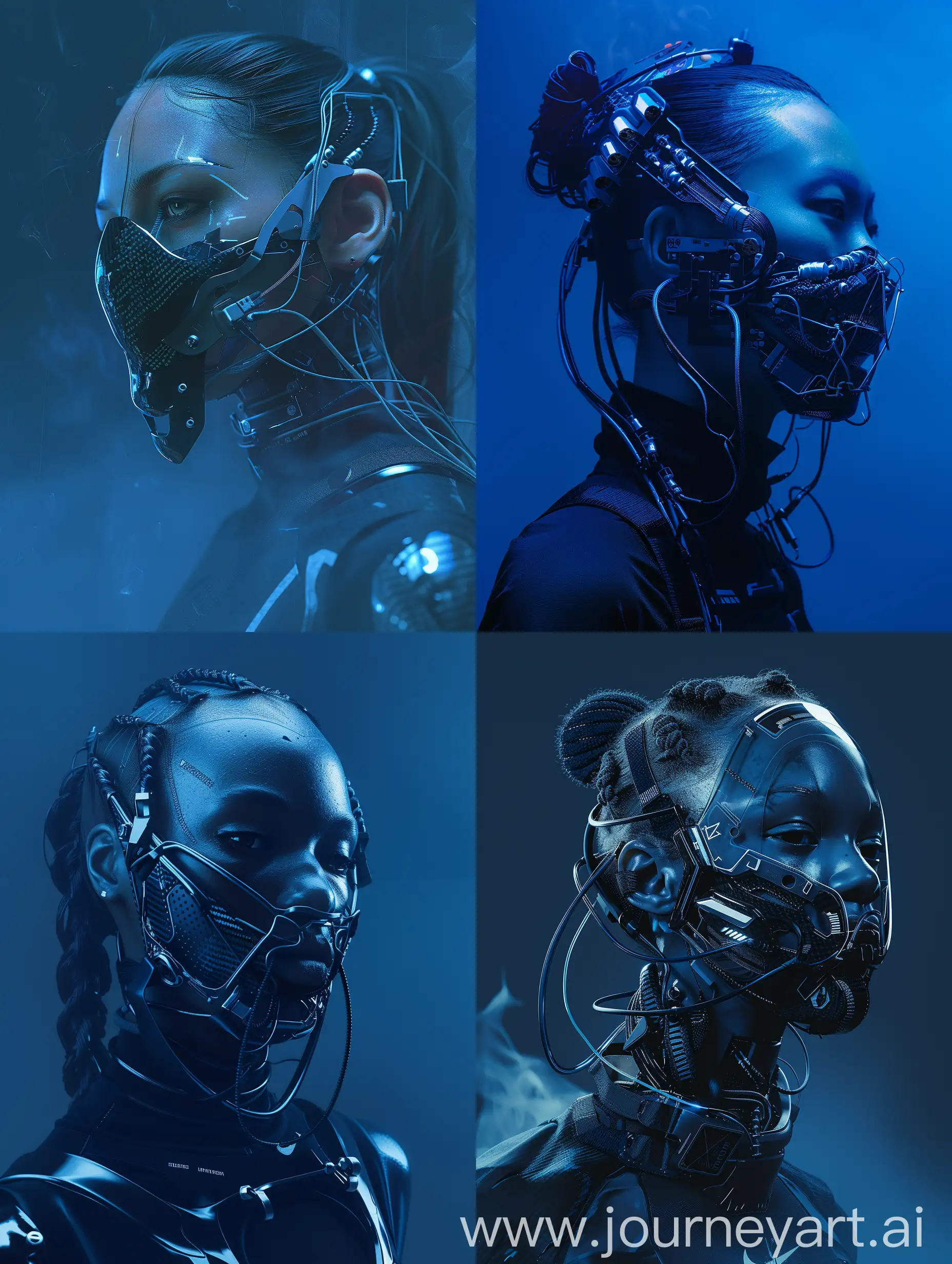 Against a sleek Dark Blue backdrop, witness the captivating presence of a character adorned with a cybernetic mouth-covering mask. It seamlessly merges cutting-edge technology with intricate details, showcasing carbon fiber textures, sleek aluminum accents, and wires. Symbolizing the delicate equilibrium between humanity and machine, her appearance embodies the essence of a futuristic cyberpunk aesthetic, further accentuated by Nike-inspired add-ons. With dynamic movements reminiscent of action-packed film sequences, accompanied by cinematic haze and an electric energy, she exudes an irresistible allure that commands attention.