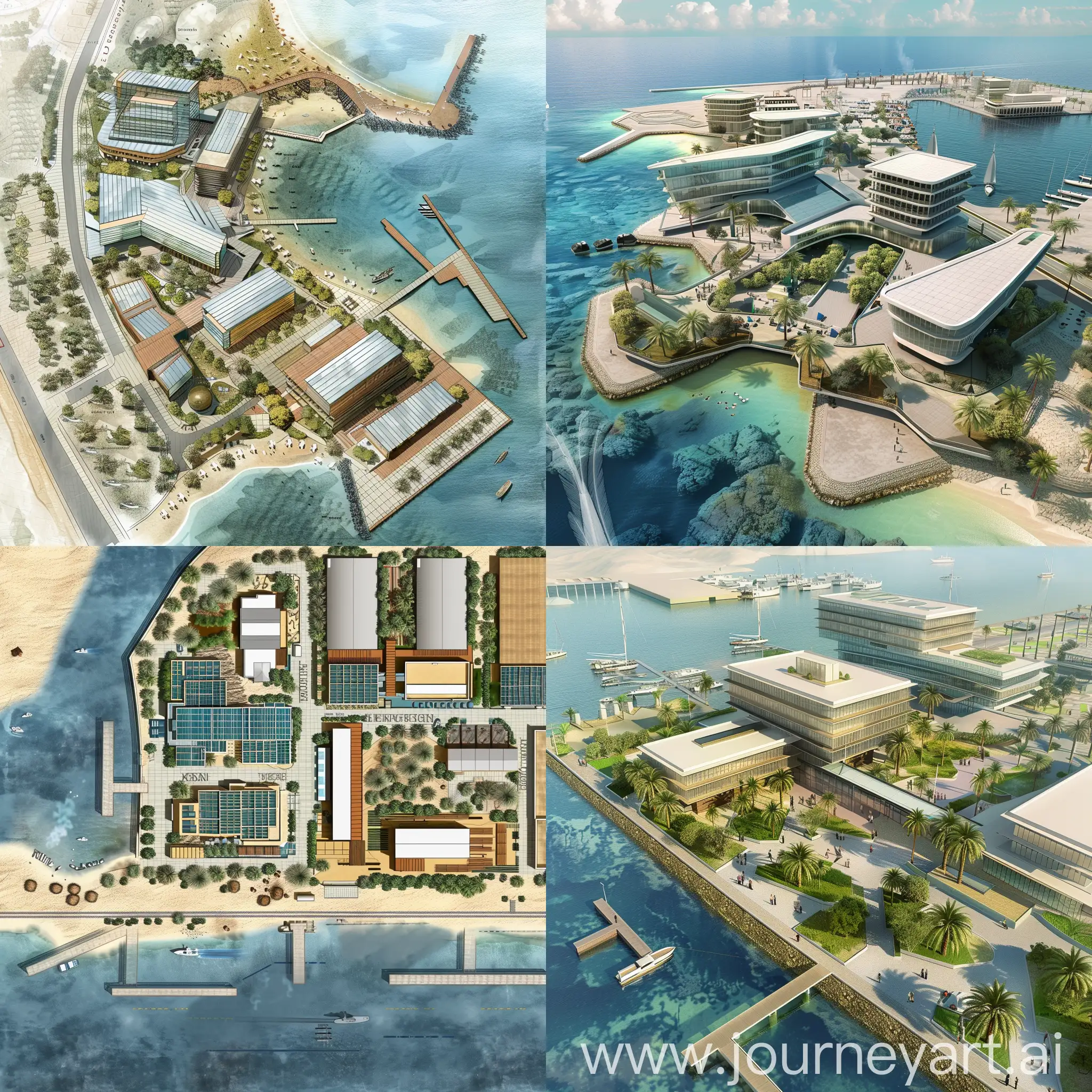 A 2d plan for the architectural concept for the business park in El Quseir is inspired by the region's maritime beauty and diverse commercial activities. The project comprises five buildings: an administrative building, an offices and corporations building, a medical clinic building, a hotel, and an entertainment facility. Located near the El Quseir port in Egypt, the complex aims to leverage the presence of import/export companies and mining offices due to the abundant mining resources in the area.

The proposed architectural theme integrates modernity with maritime elements, featuring a sleek administrative structure with glass facades for a clear sea view. The office building emphasizes open design for collaboration, while the medical clinic building focuses on a calming atmosphere. The hotel incorporates nature-inspired designs, and the entertainment facility is contemporary and multi-functional.

To complement the concept, the addition of a small marina for tourist boats and storage facilities for import/export goods enhances the practicality of the complex. The design promotes sustainability, cultural integration, and efficient utilization of the region's resources. The overall vision is to create a unique and vibrant environment that caters to various needs while harmonizing with the coastal surroundings in El Quseir.