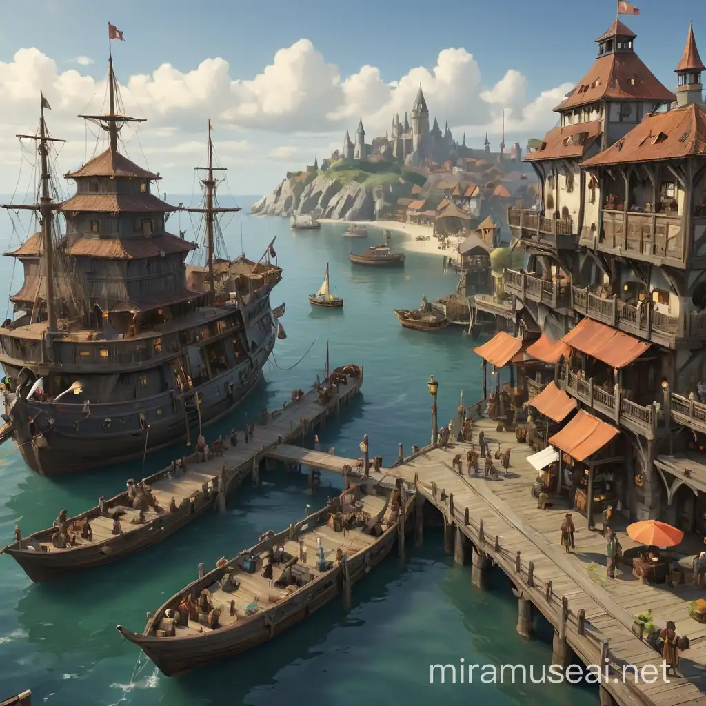 Fantasy Seaside City Pier with Ship and Adventurers