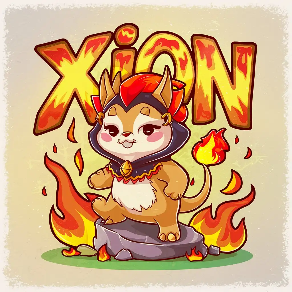 Создай изображение с милым зверьком по имени XION. Зверёк должен быть во фраке, должен присутствовать огонь. Огненная надпись XION должна присутствовать обязательно