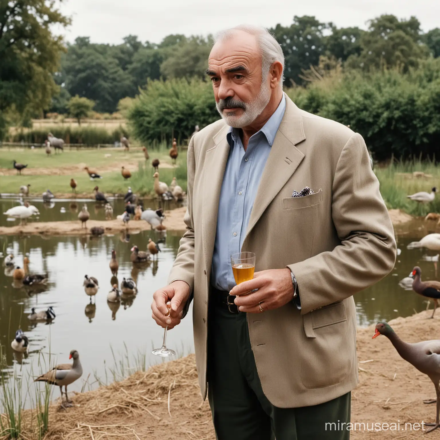 Sean Connery Enjoying a Stroll with Scotch in a Picturesque Wildfowl Park