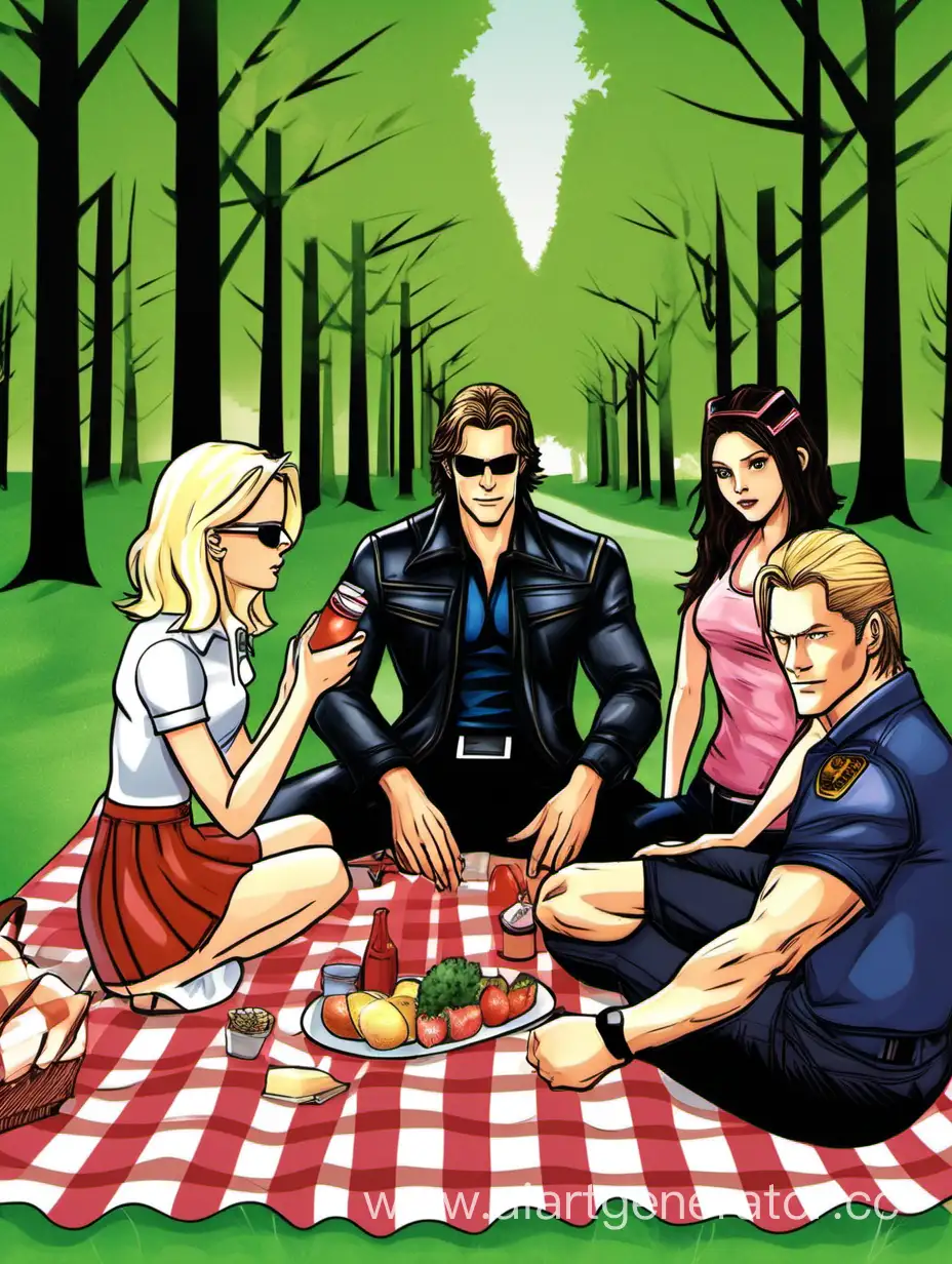 сэм винчестер с альбертом вескером сидят на пикнике вместе с двумя девушками,  светловолосая и темноволосая.