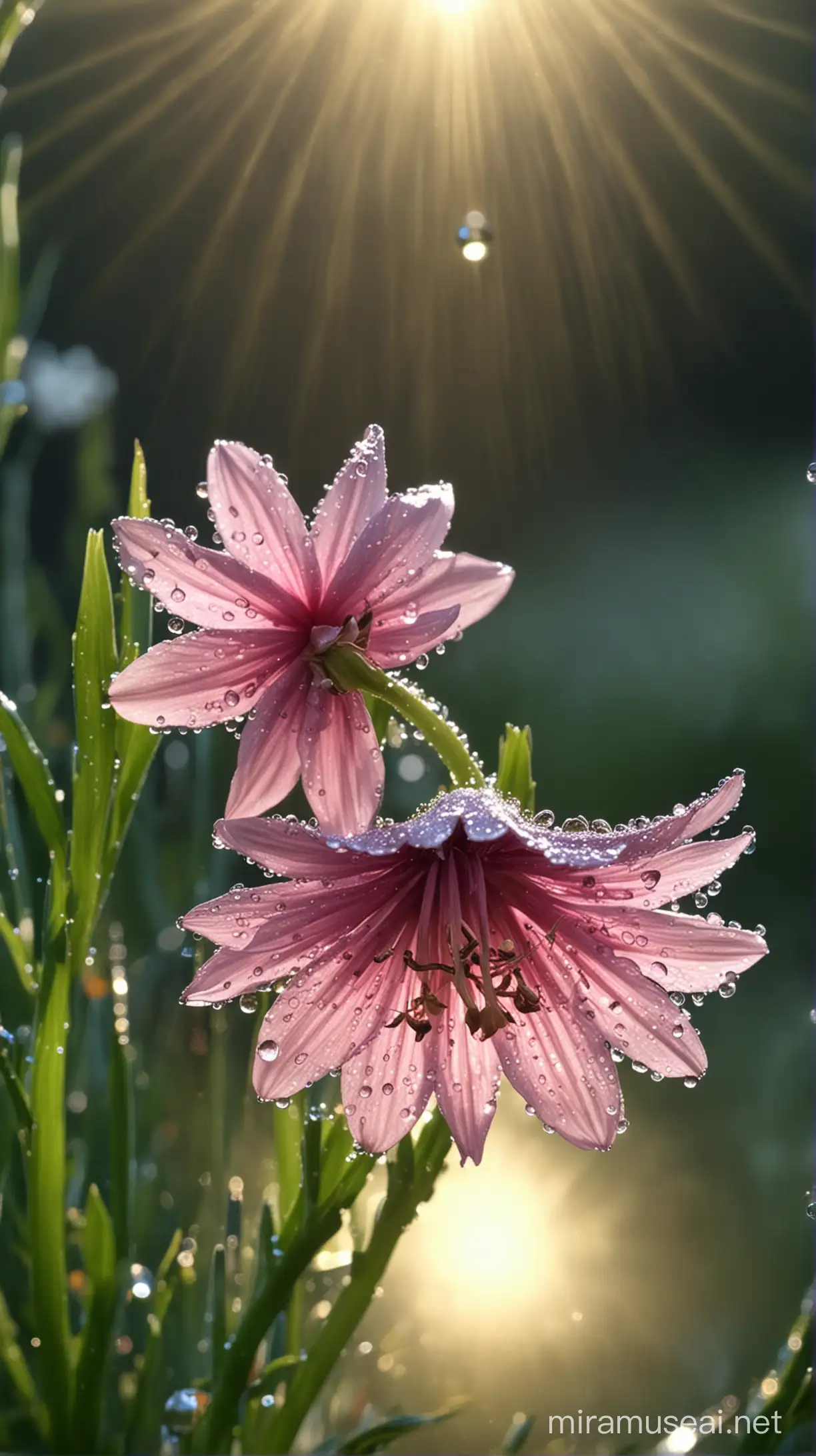 Create an image of beautiful flower plan falling dew drops from it and shinning dew drops die to sun rays