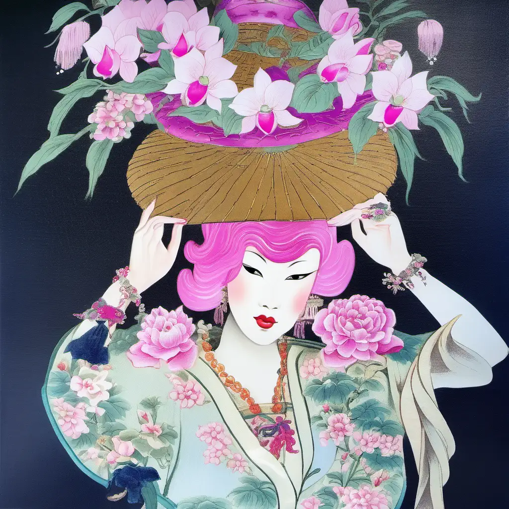 Vintage Asian lady with large orchid pagoda chinoiserie hat, and roses and lotus flowers