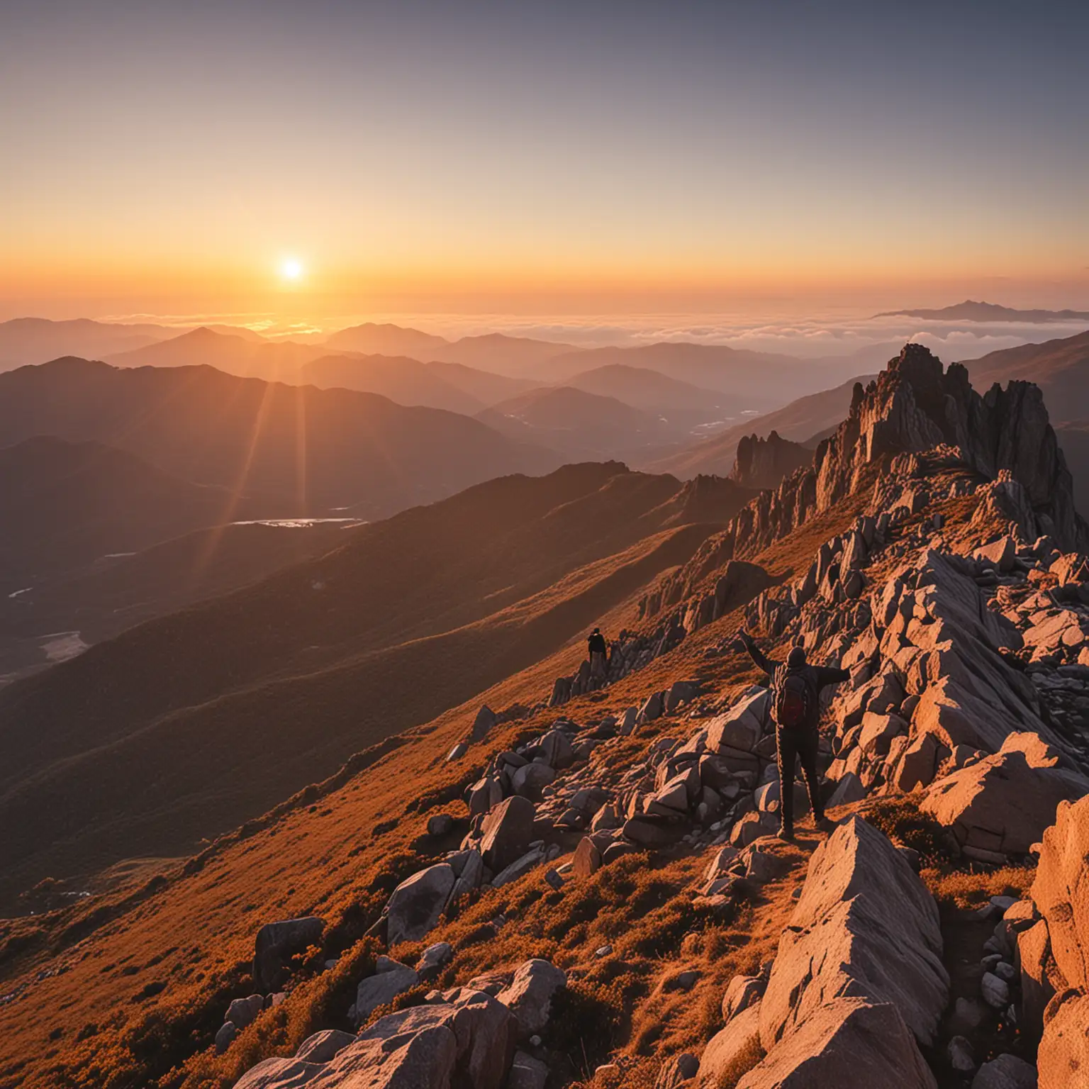 man reaching a mountain summit during sunrise, 