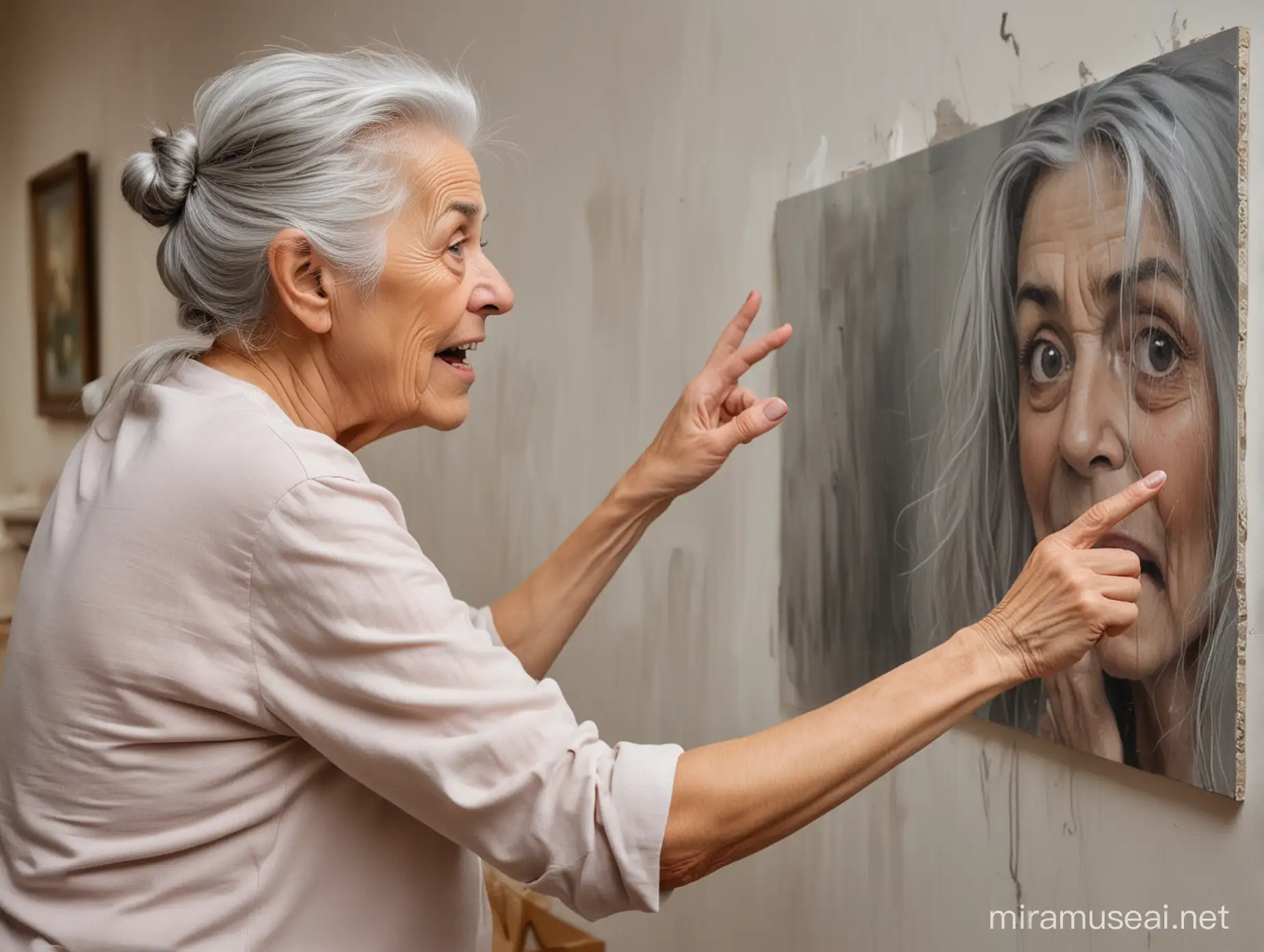 An old woman points her finger at a painting on the wall, she has grey hair, next to her is a young, 7-year-old girl looking at the painting in horror and holding her hands in her hair.