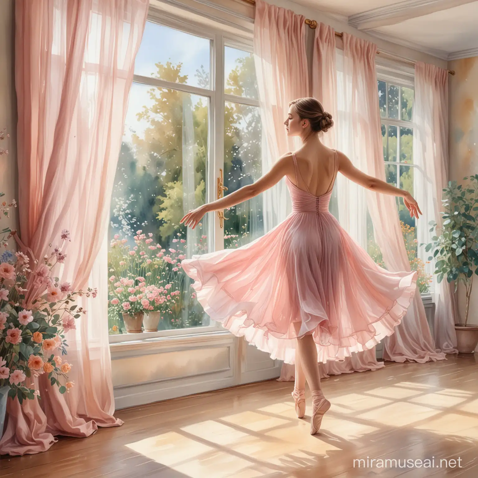 a ballerina on tiptoe, flowing pink dress, in a dance studio, transparent curtains flowing, open windows with a view to a garden full of flowers, predominantly beige, brown, gold, pastel blue and pastel pink, watercolor, smooth lines, detailed.