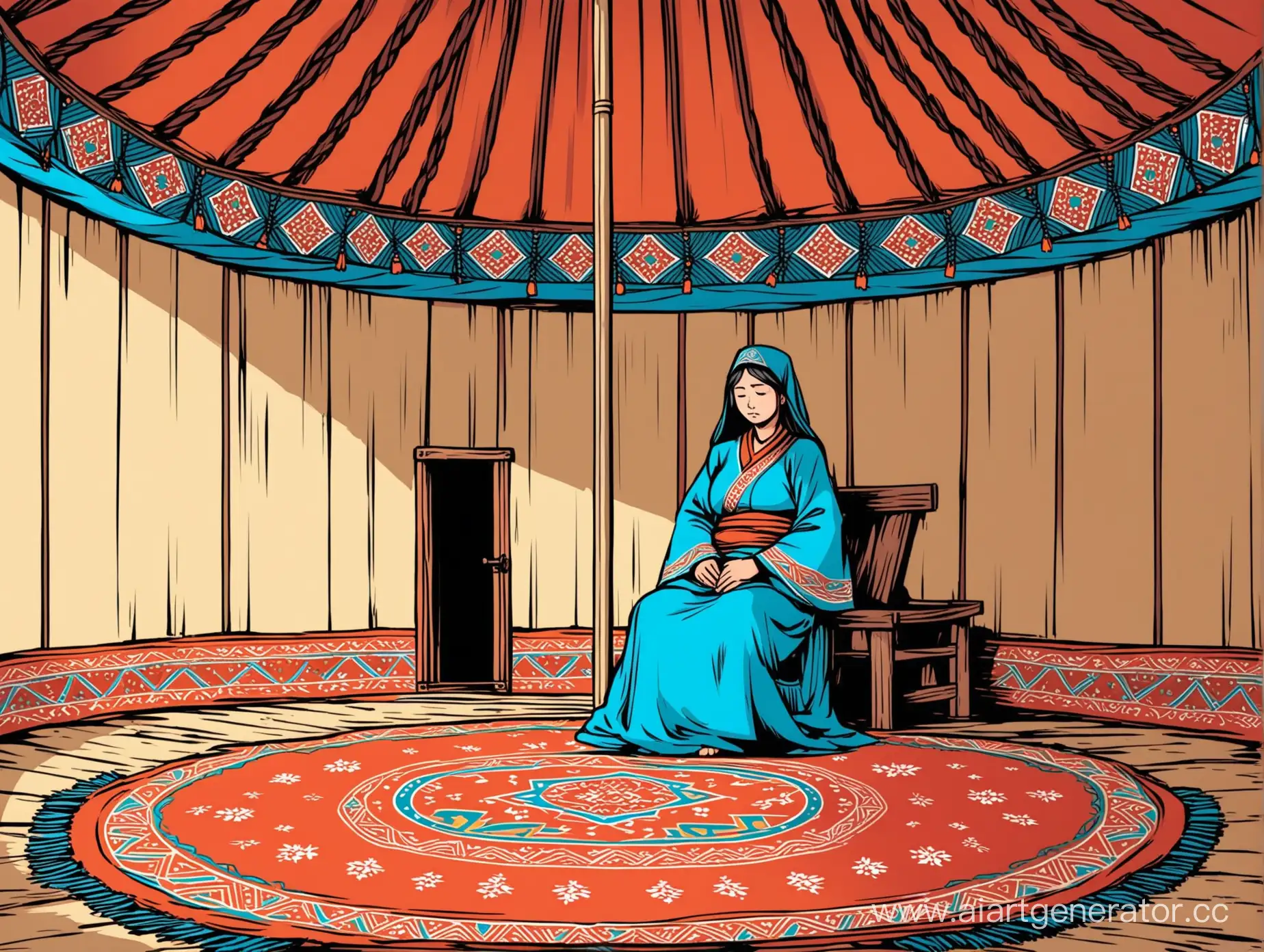 Medieval Kazakh mother is sad because she does not have any children. she is  sitting alone inside a beautiful Kazakh yurt decorated with Kazakh ornaments. the picture in a comic style