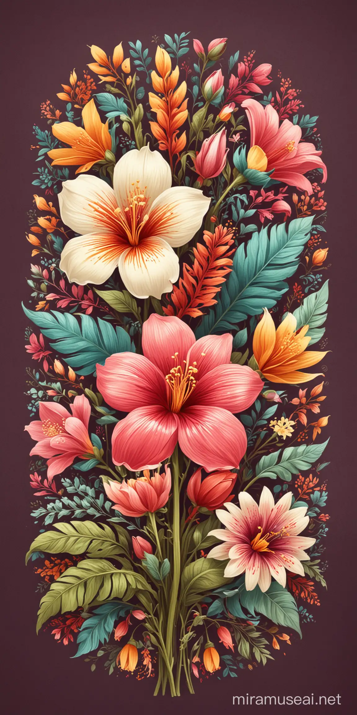 Vibrant PeruvianStyle Flower Illustration Bursting Colors and Intricate Patterns