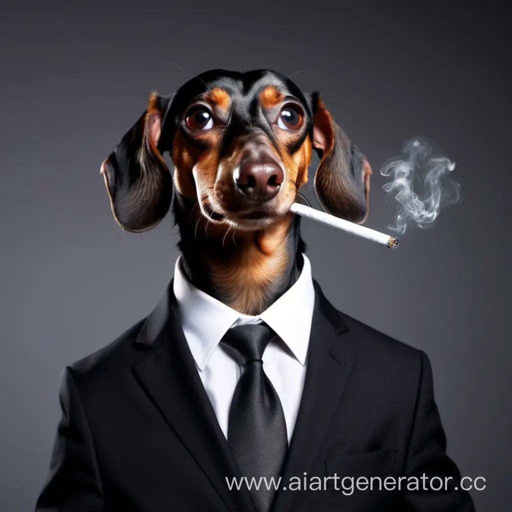 Dachshund with a cigarette in his teeth and a business suit
