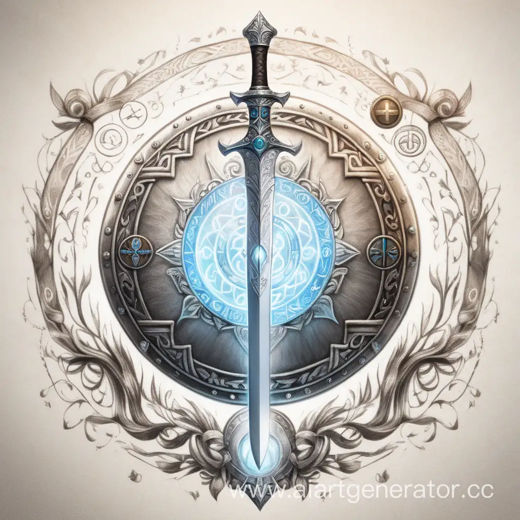 нарисованный карандашом меч на щите с круглой аурой и магическими символами