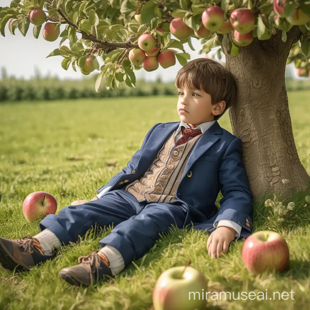 shaby dressed boy lying under an apple tree