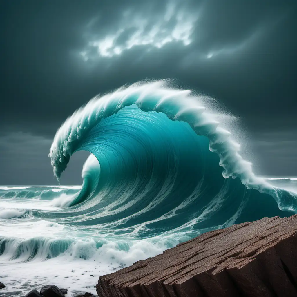 A perspective from a rock looking out at an aquamarine tidal wave towering over the ocean.