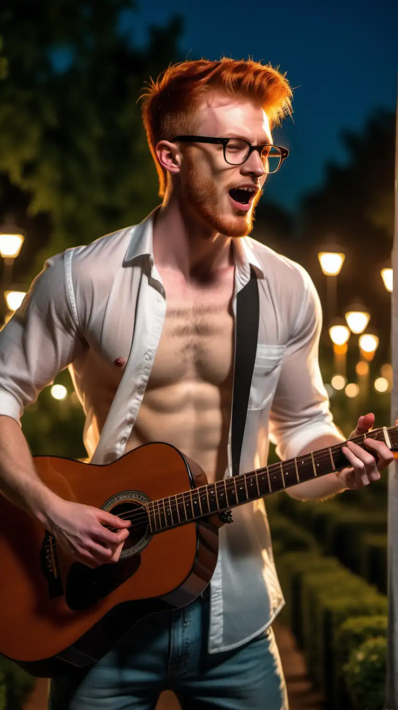 Handsome redhead man playing guitar, singing. Rose garden, night, amber street lamps. Shirtless, Half transparent open white shirt, show hairy chest, show abs, stubbles, short hair, glasses, night