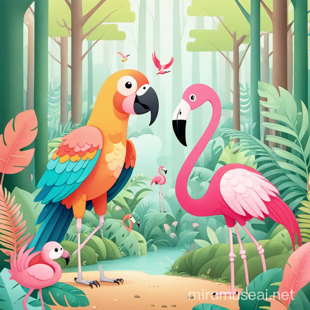 Kawaii Parrot and Flamingo in Illustrated Forest Scene