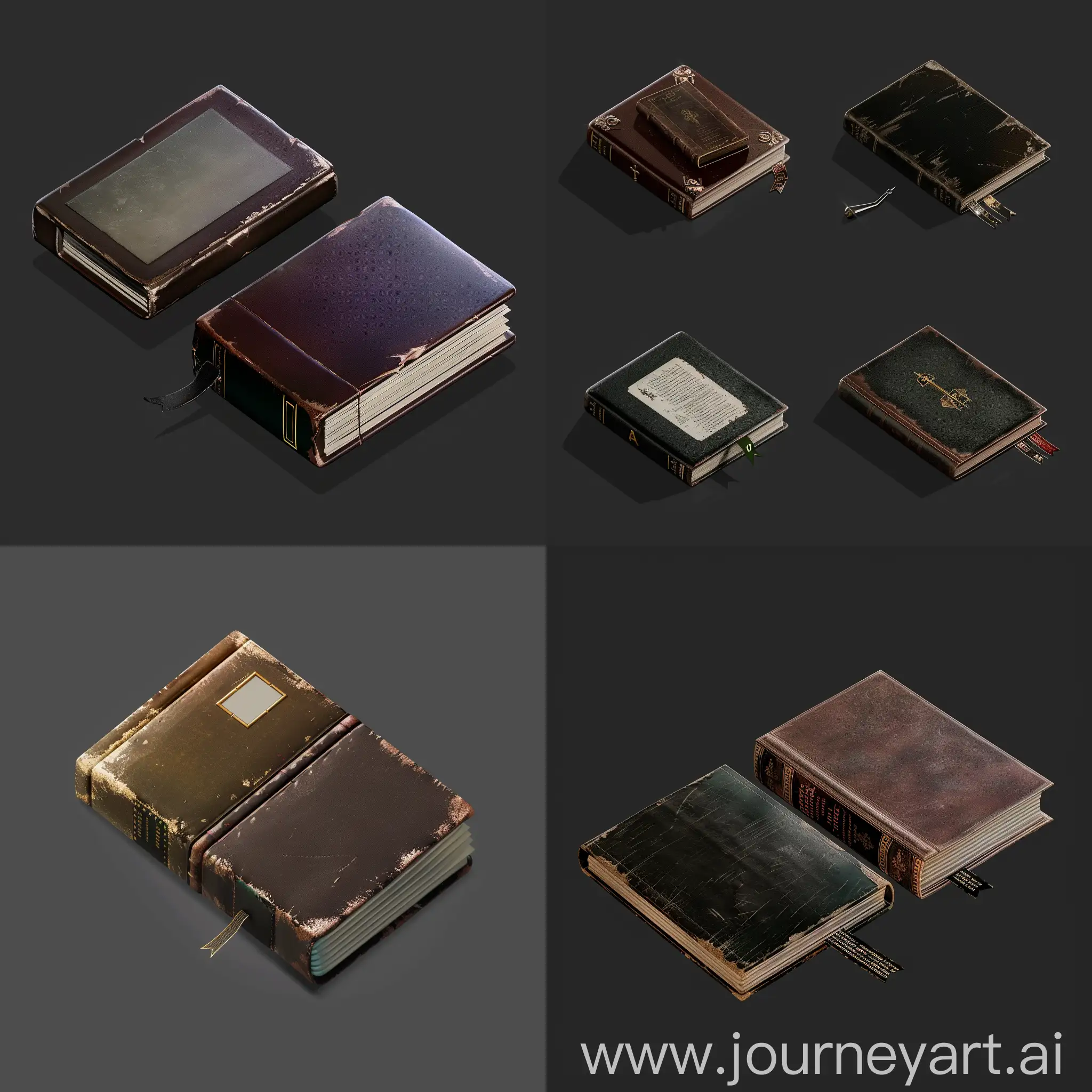 https://i.imgur.com/Do8RrB5.png realistic photo of isometric set old simple worn book without labels in style of unreal engine 5 realistic 3d game asset, shiny, lighting, leather cover, isometric set, realistic style --chaos 30 --iw 2