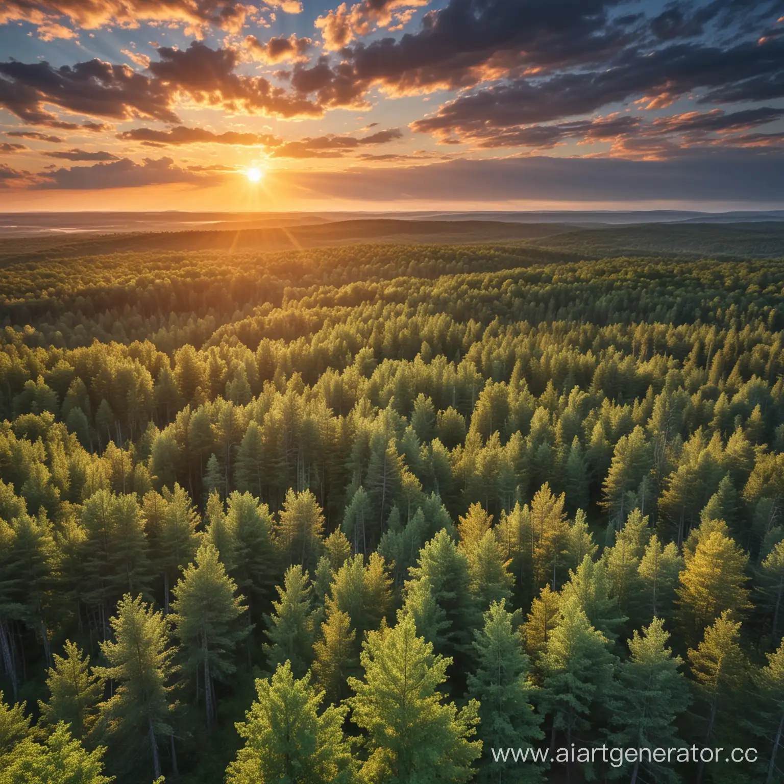 Sunset-Over-a-Verdant-Forest-with-CloudStreaked-Skies