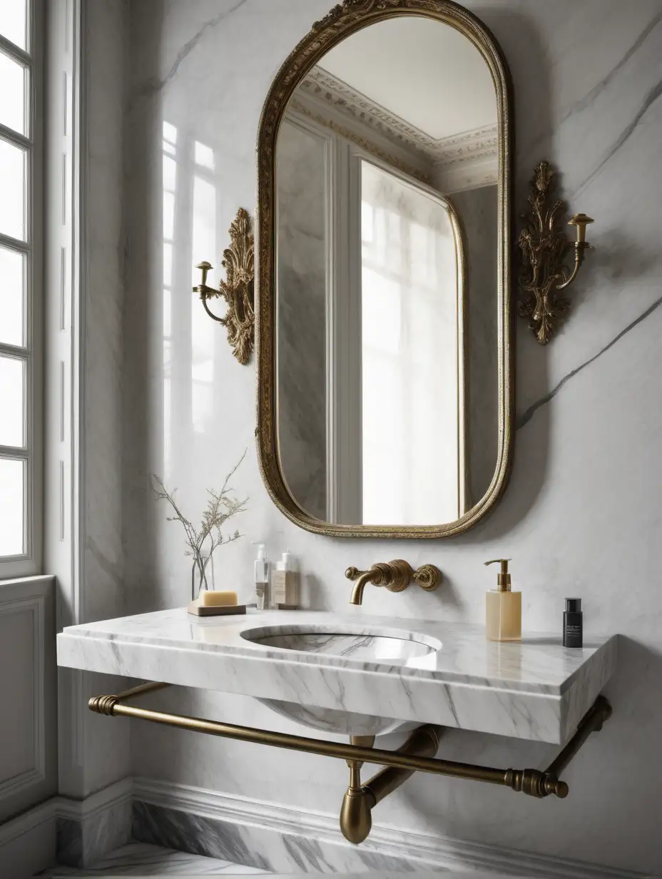 Elegant Contemporary Luxury Bathroom with Veined Solid Marble Basin and Aged Brass Mirror