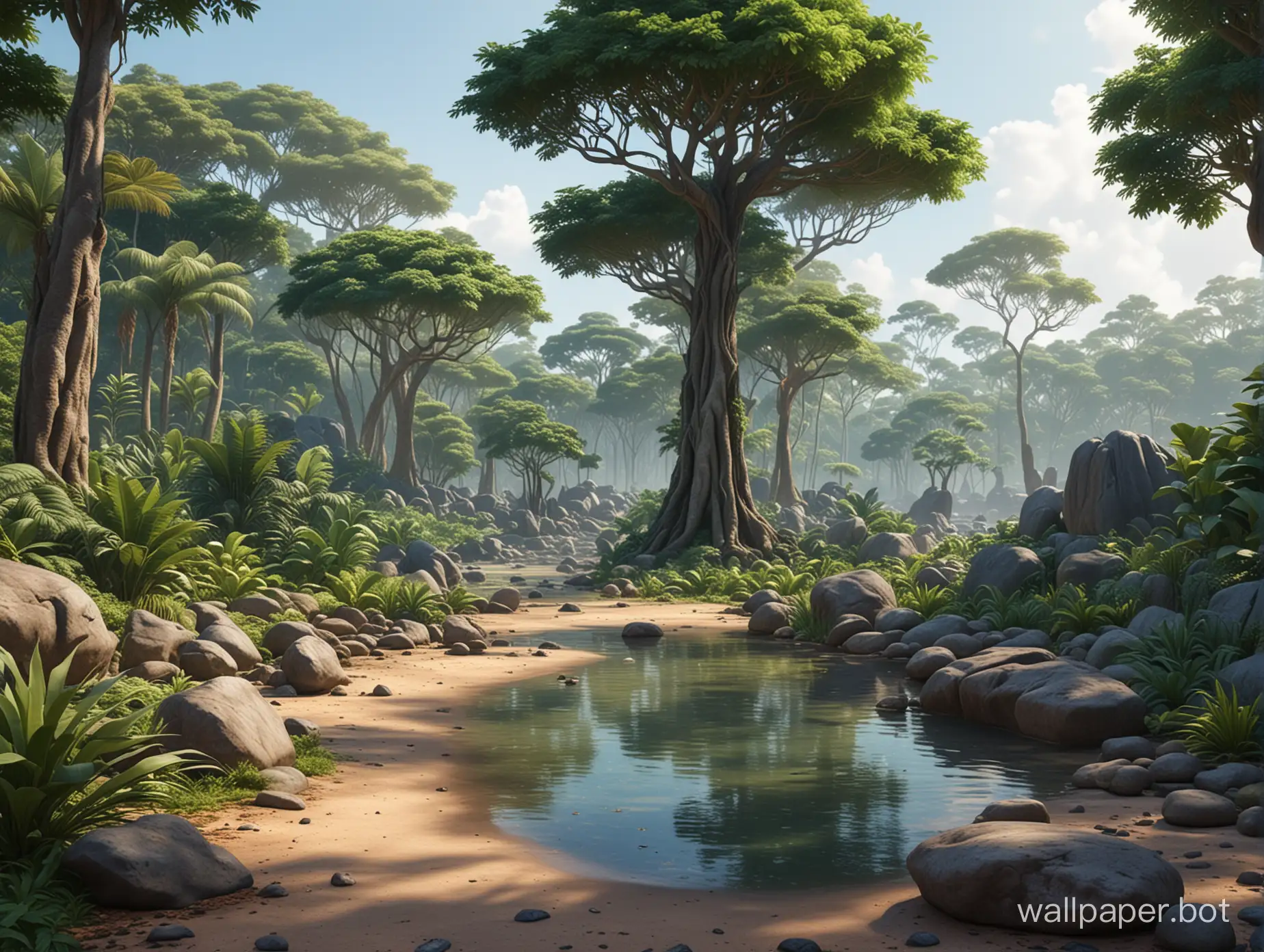 Tropical Forest in the background with a variety of trees, stones in front on flat ground, forest scenery, realistic and detailed foliage, a water body in the back, and ground in front, Disney style.