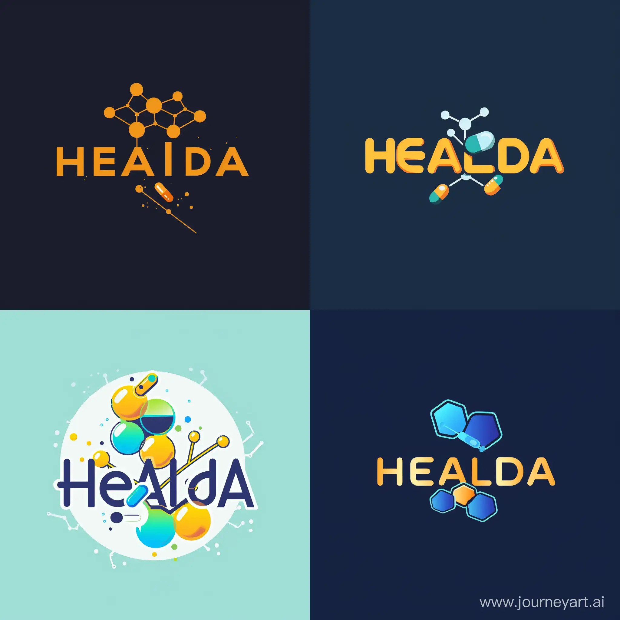 create a wordmark logo for "Healda" using a chemical icon indicative of the letter H and a medicine icon suggestive of the letter A. This design should represent the fusion of chemistry and medicine in a harmonious and impactful way.

