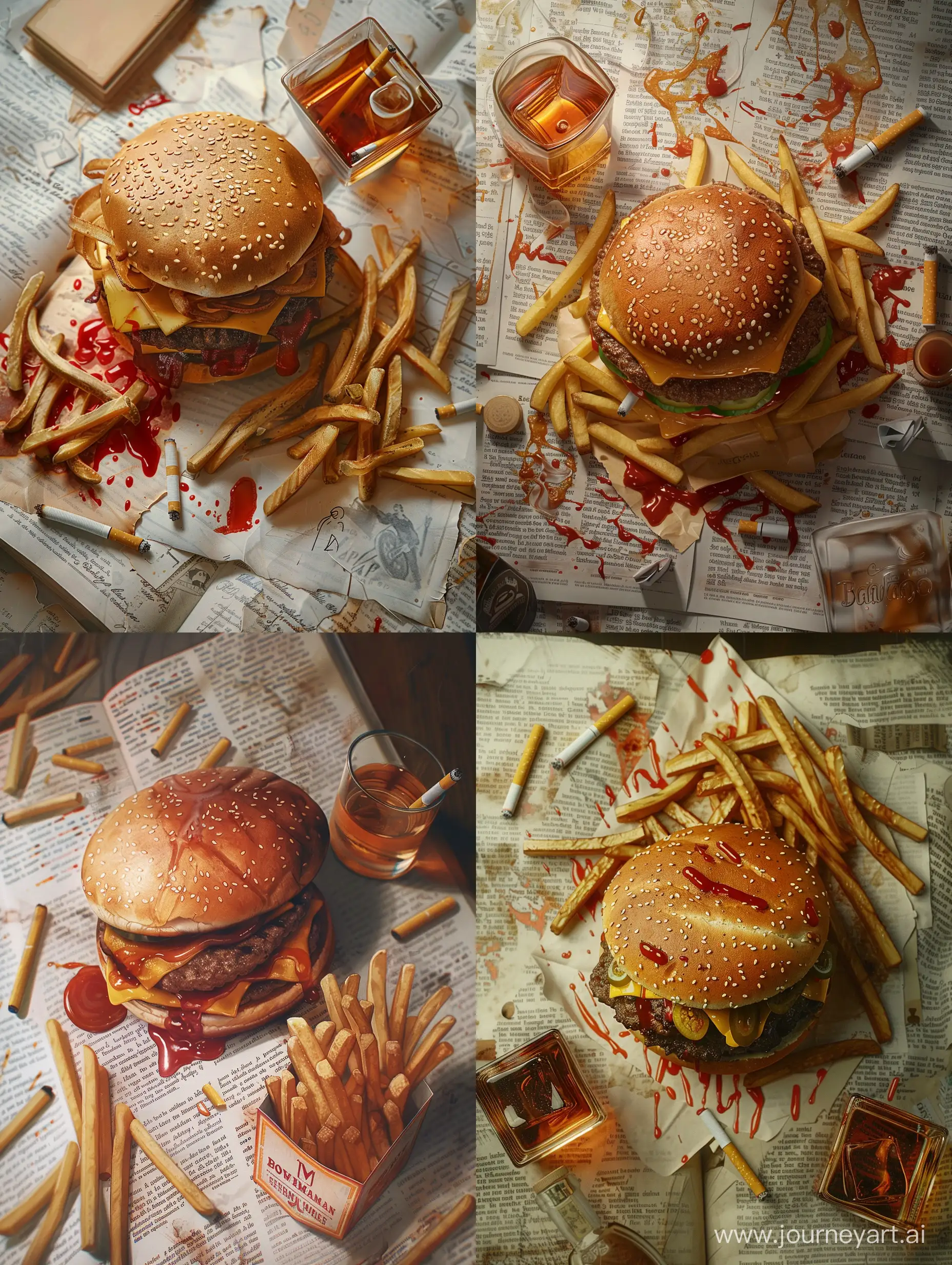 Savory-Indulgence-Overhead-View-of-a-Delectable-Burger-Feast-with-Bourbon-and-Artistic-Stains