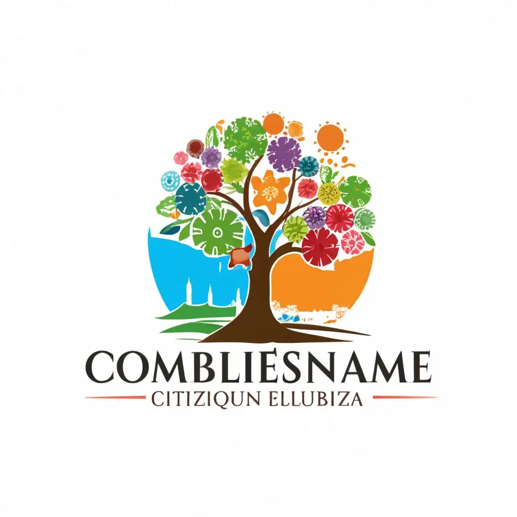 a logo design,with the text "Company name", main symbol:mobilisation citoyenne with a tree full of flowers with a landscape containing a sun, the sea ,complex, colors green, blue, orange, clear background