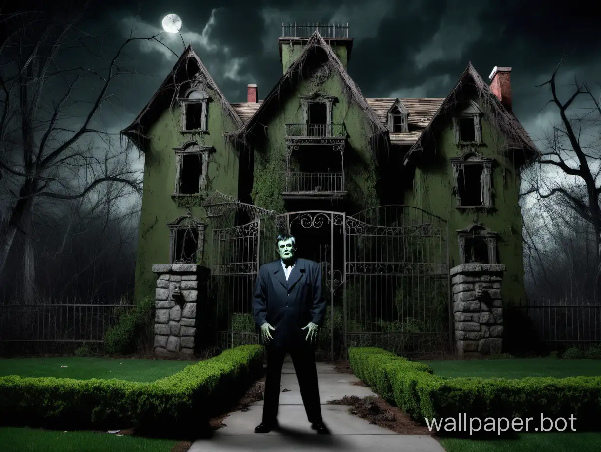 Herman Munster standing in front of his old 2 story mansion which is in disrepair. It looks haunted, spooky, with big iron and stone wall and gates. The garden is overrun with bushes, vines and weeds. The night is dark and gloomy. Full body view, detailed features, sharp images.