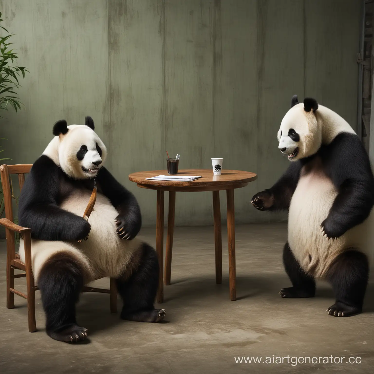 Панда ведет собеседование для соискателя в компанию, где много панд